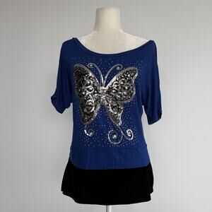 Lalin T Shirt Womens One Size Blue Sequin Rhinestone Butterfly Cropped Top